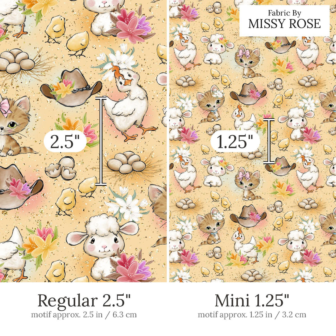 Design 600 Farm Girl Fabric Regular 2.5 inch vs Mini 1.25 inch print scale side by side | Fabric by Missy Rose