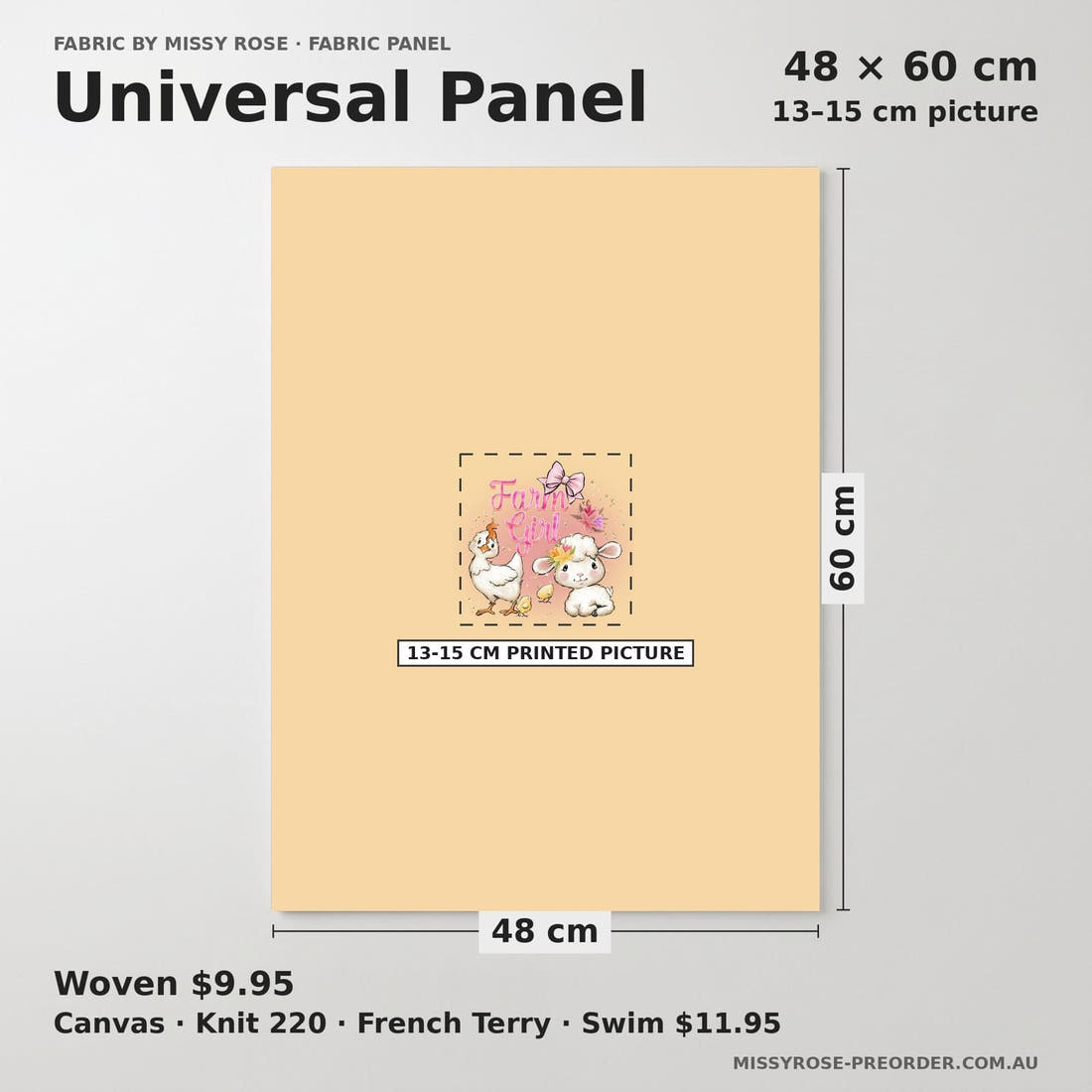 Design 600 Farm Girl Panel universal panel sizing – 13–15 cm printed picture on 48 × 60 cm fabric | Fabric by Missy Rose
