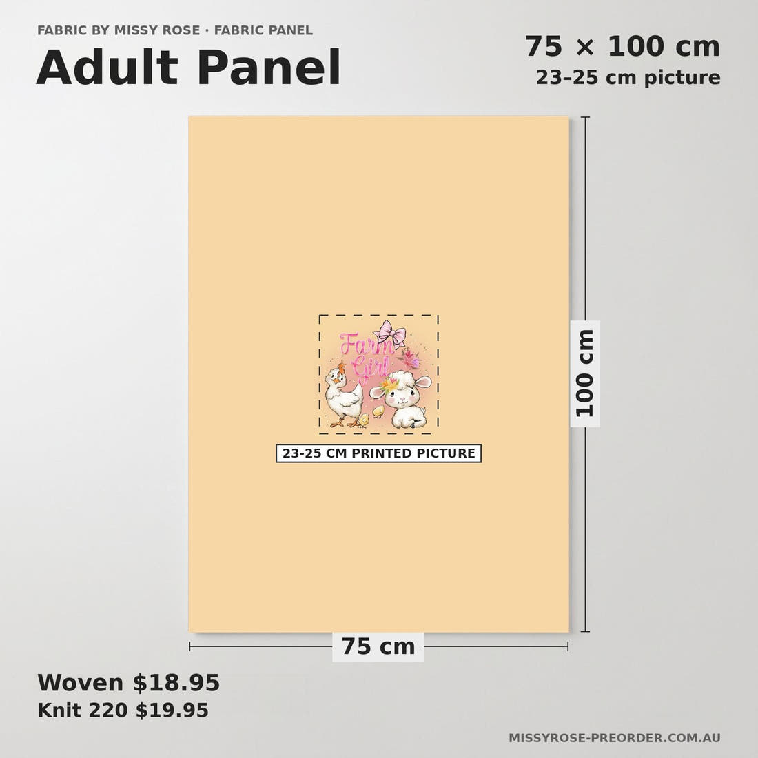 Design 600 Farm Girl Panel adult panel sizing – 23–25 cm printed picture on 75 × 100 cm fabric | Fabric by Missy Rose