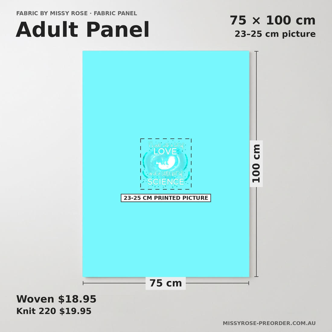 Design 601 Teal IVF Panel adult panel sizing – 23–25 cm printed picture on 75 × 100 cm fabric | Fabric by Missy Rose
