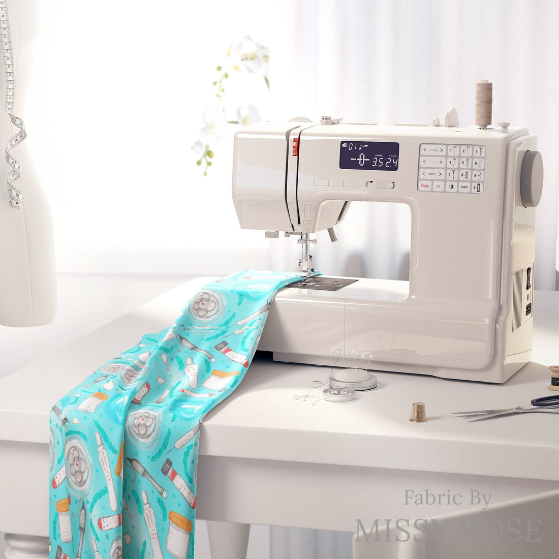 Design 601 Teal IVF Fabric on a sewing machine – premium fabric for sewing projects | Fabric by Missy Rose