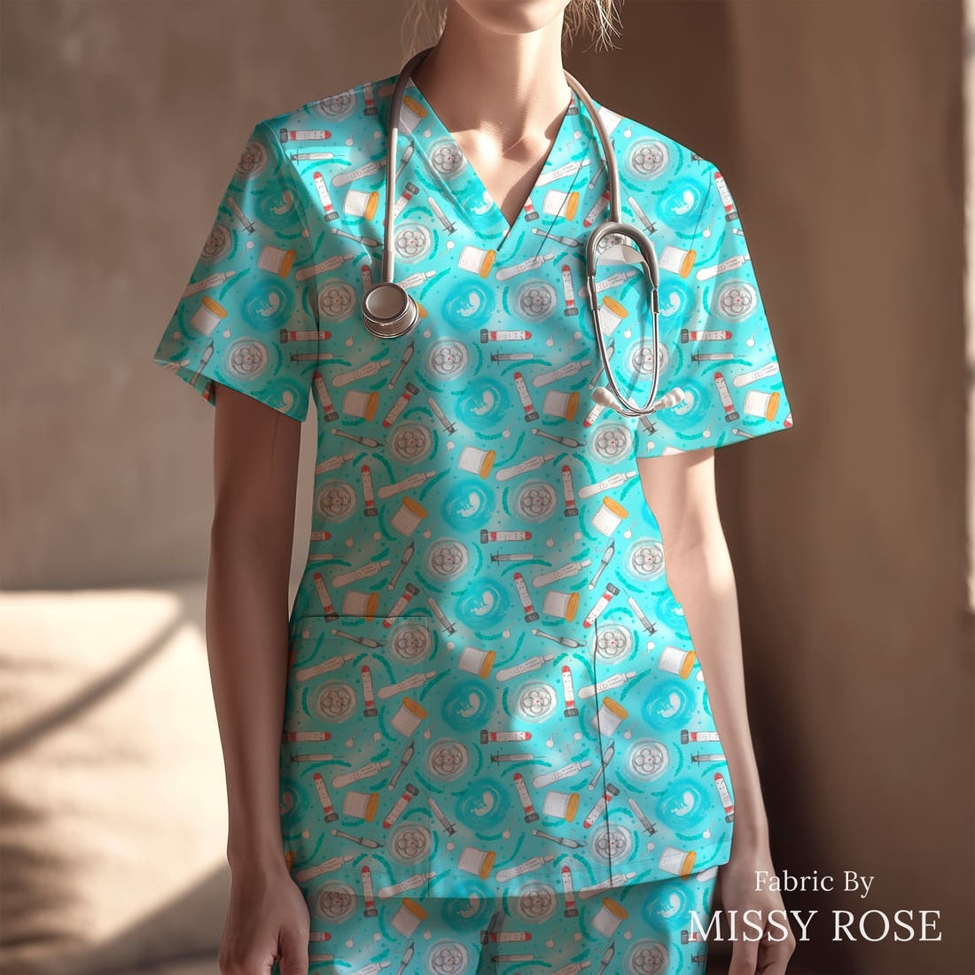 Design 601 Teal IVF Fabric sewn into a scrubs top – see how the print looks made up | Fabric by Missy Rose