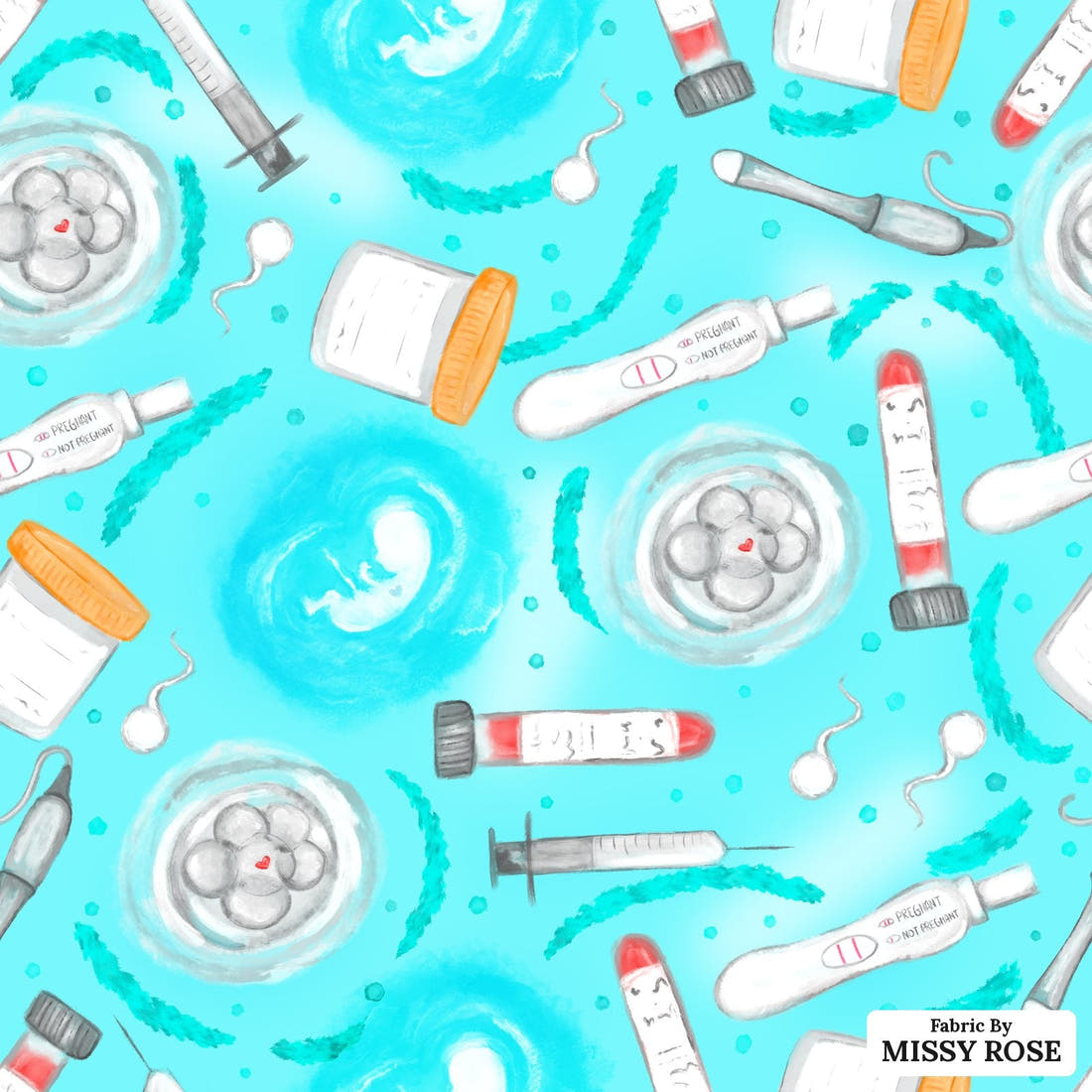 Design 601 Teal IVF Fabric - flat view of the print, zoom in for detail | Fabric by Missy Rose