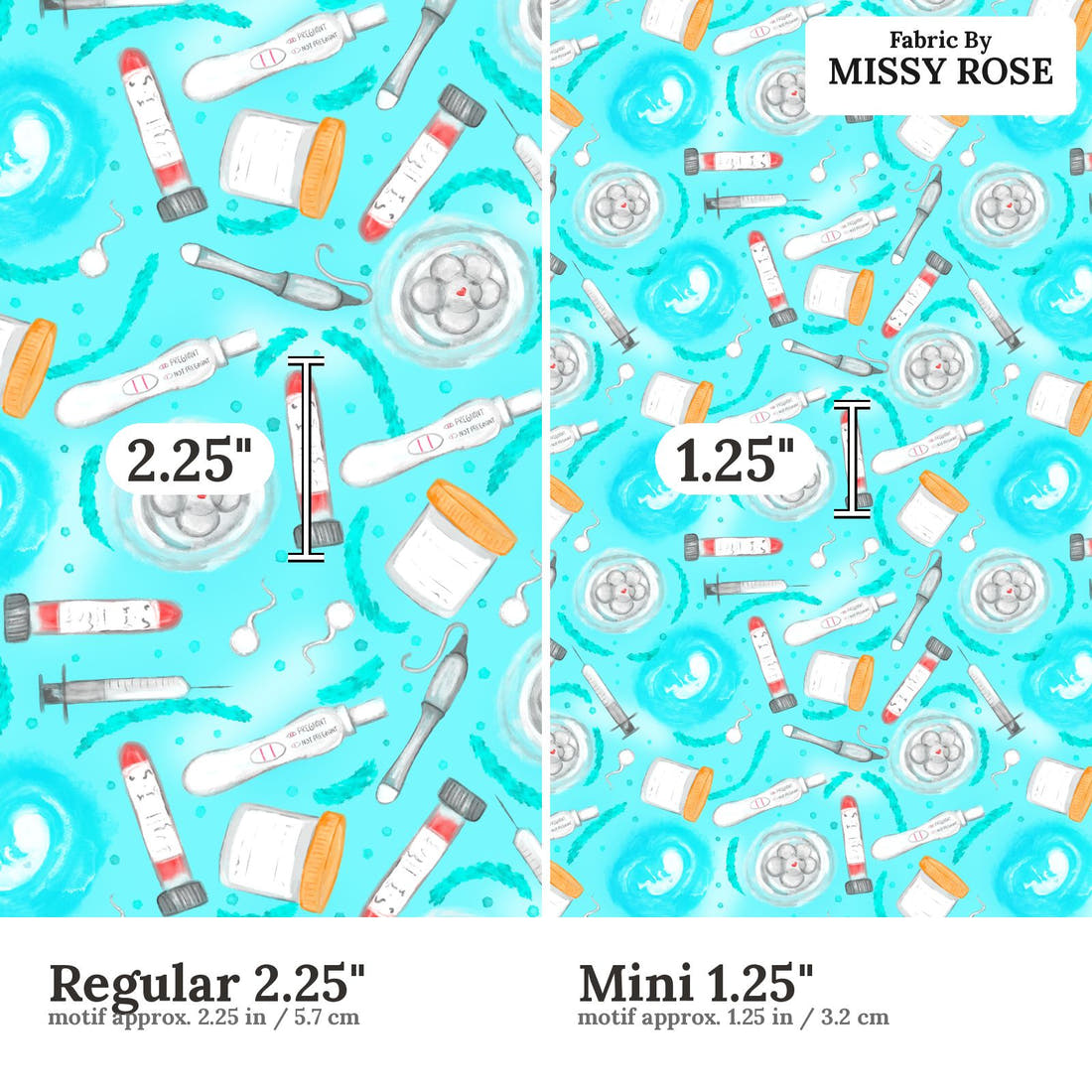 Design 601 Teal IVF Fabric size comparison - print scale | Fabric by Missy Rose