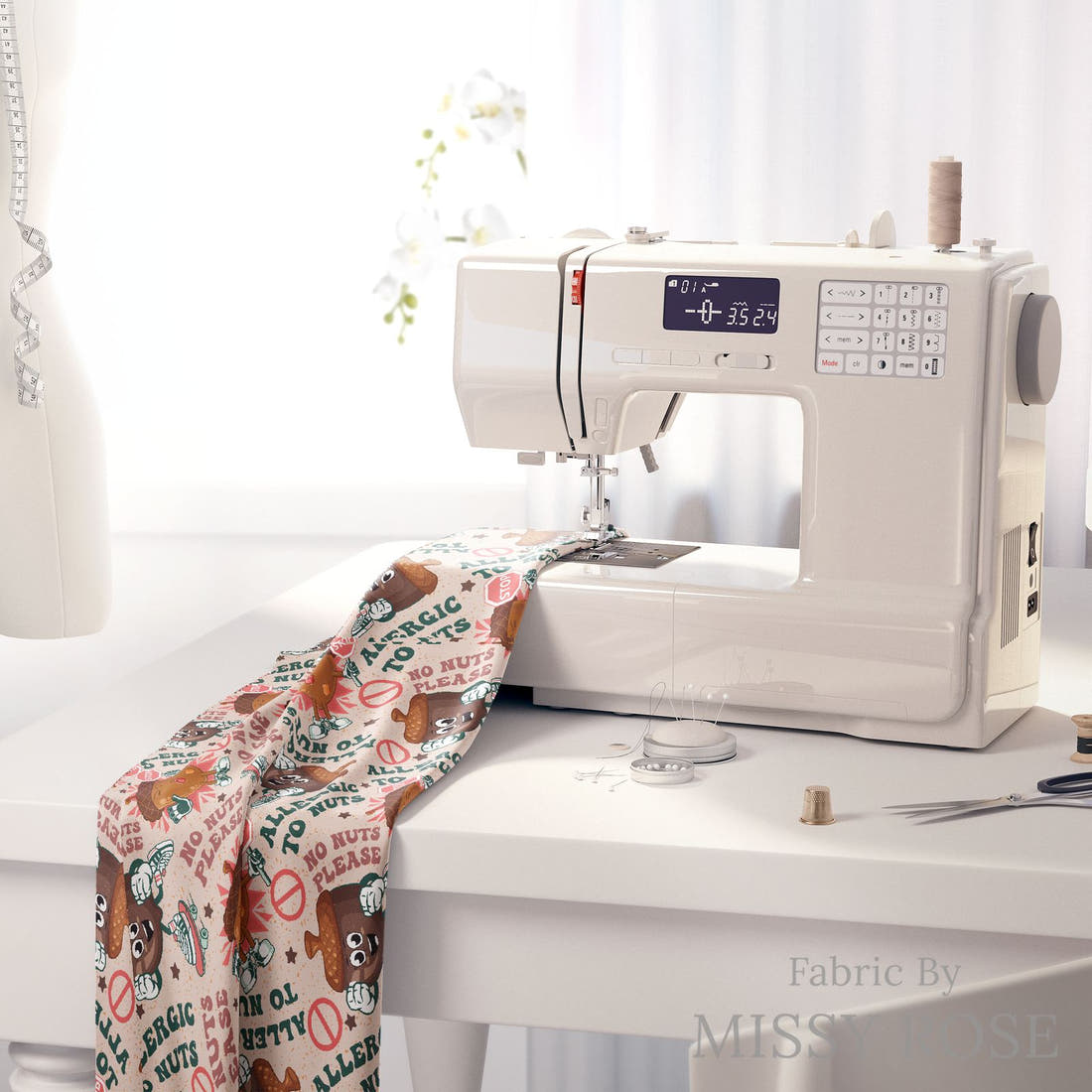 Design 602 Nuts Fabric on a sewing machine – premium fabric for sewing projects | Fabric by Missy Rose