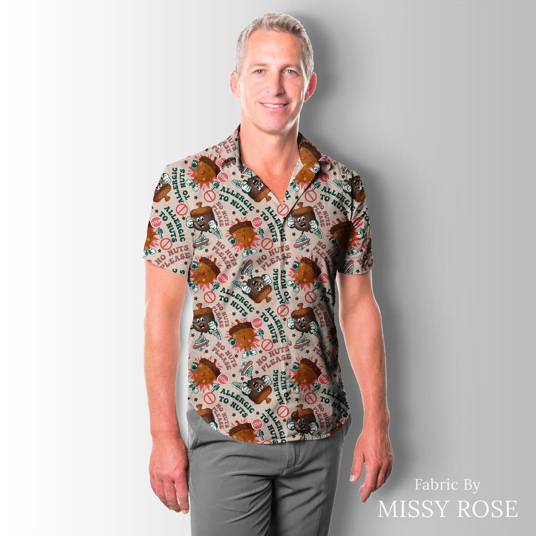 Design 602 Nuts Fabric sewn into a men's shirt – see how the print looks made up | Fabric by Missy Rose