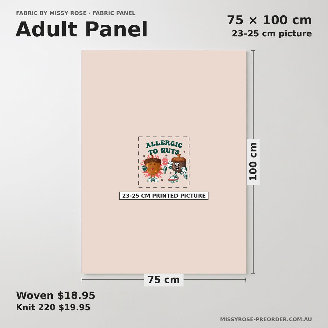 Design 602 Nuts Panel adult panel sizing – 23–25 cm printed picture on 75 × 100 cm fabric | Fabric by Missy Rose