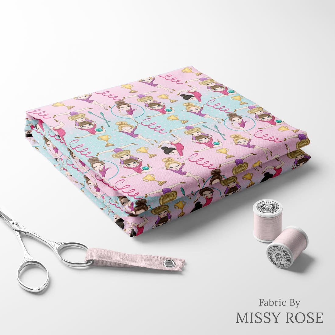 Design 603 Gymnastics Fabric folded fabric stack with matching thread – pre-order fabric Australia | Fabric by Missy Rose