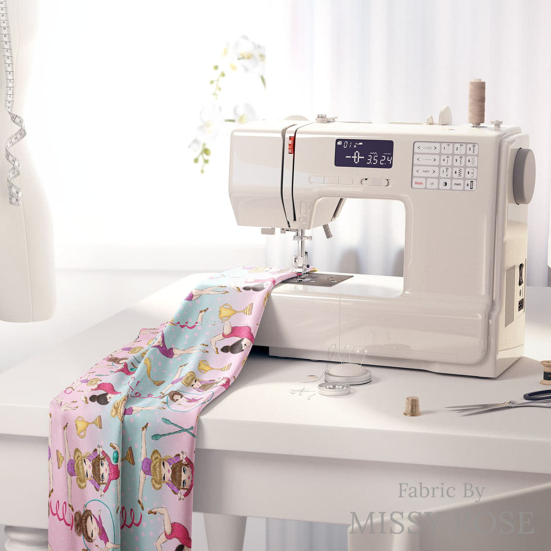 Design 603 Gymnastics Fabric on a sewing machine – premium fabric for sewing projects | Fabric by Missy Rose