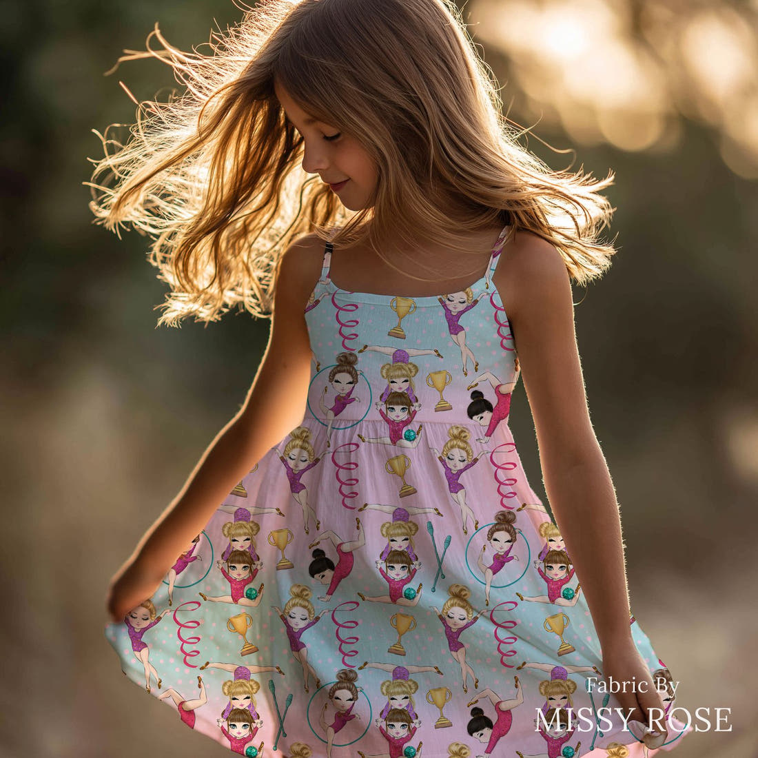 Design 603 Gymnastics Fabric sewn into a girls' dress – see how the print looks made up | Fabric by Missy Rose