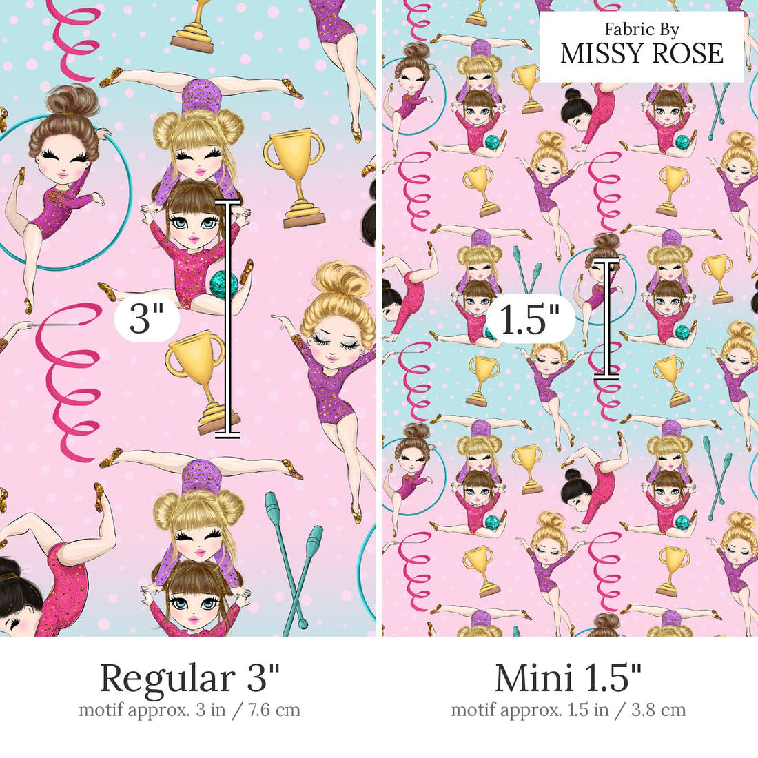 Design 603 Gymnastics Fabric Regular 3 inch vs Mini 1.5 inch print scale side by side | Fabric by Missy Rose