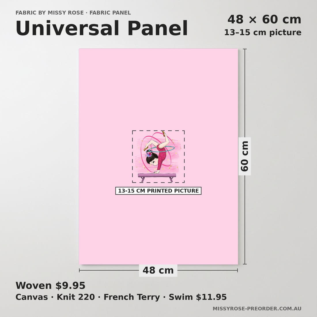 Design 603 Gymnastics Panel universal panel sizing – 13–15 cm printed picture on 48 × 60 cm fabric | Fabric by Missy Rose