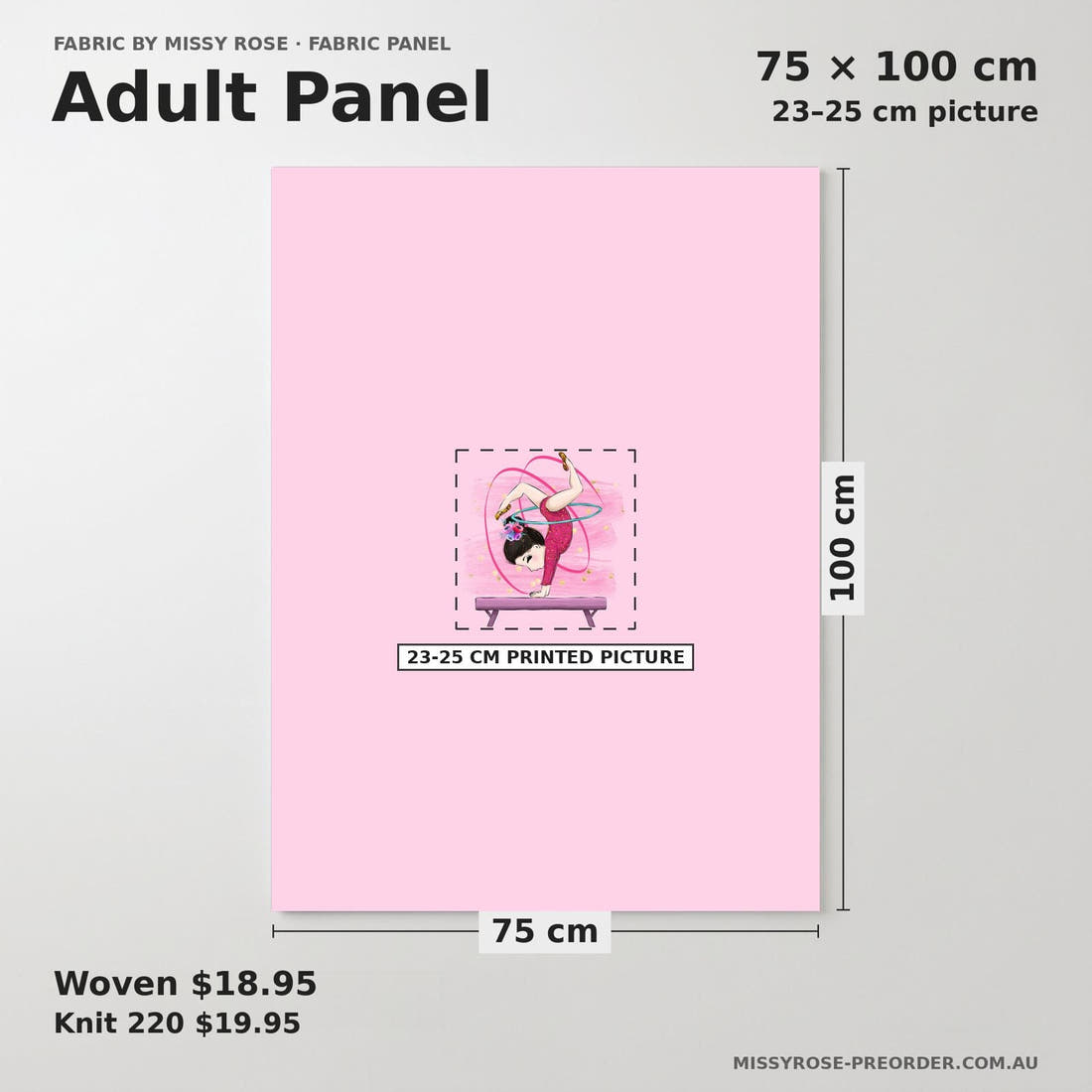 Design 603 Gymnastics Panel adult panel sizing – 23–25 cm printed picture on 75 × 100 cm fabric | Fabric by Missy Rose
