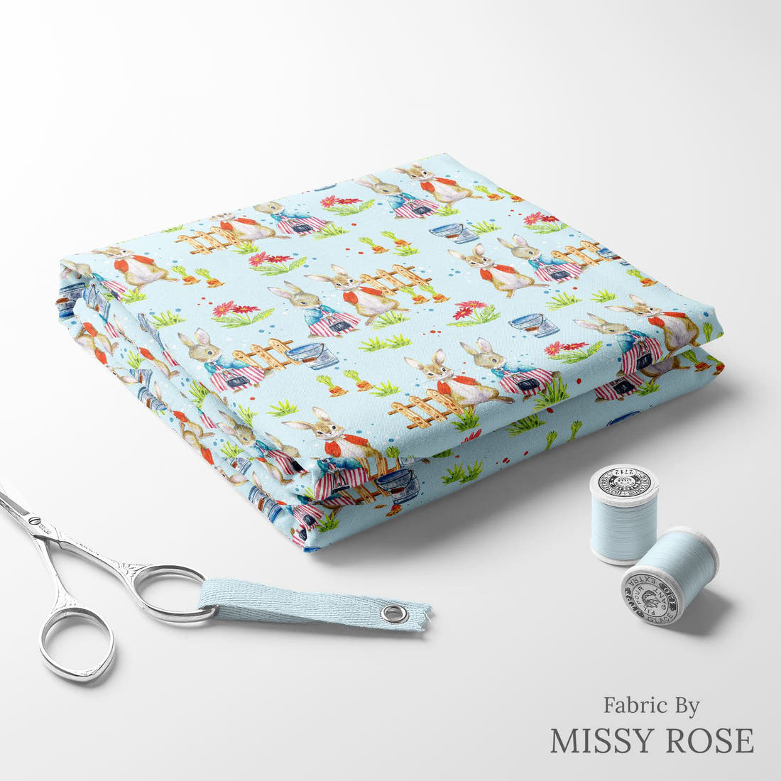 Design 604 Blue Rabbit Fabric folded fabric stack with matching thread – pre-order fabric Australia | Fabric by Missy Rose