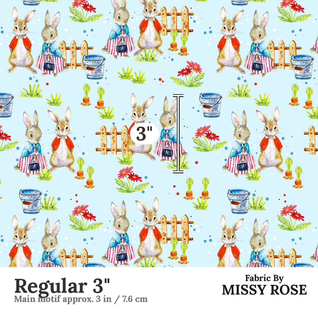Design 604 Blue Rabbit Fabric Regular 3" - print scale | Fabric by Missy Rose