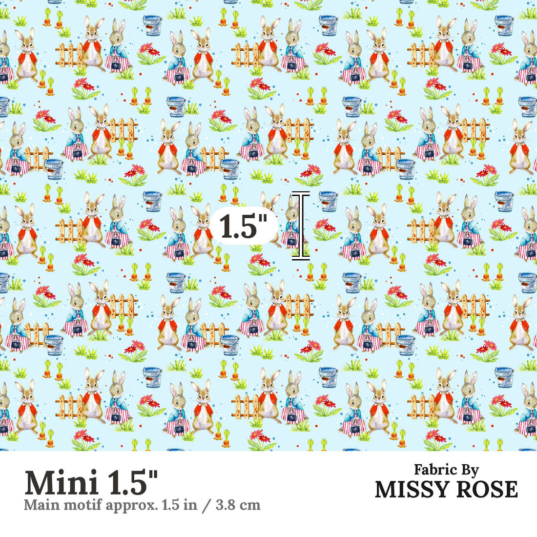 Design 604 Blue Rabbit Fabric Mini 1.5" - print scale | Fabric by Missy Rose