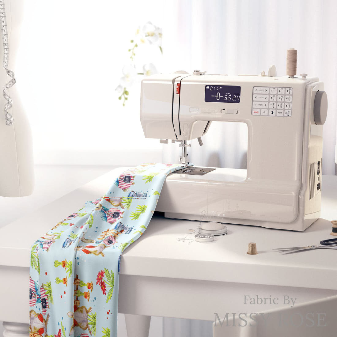 Design 604 Blue Rabbit Fabric on a sewing machine – premium fabric for sewing projects | Fabric by Missy Rose