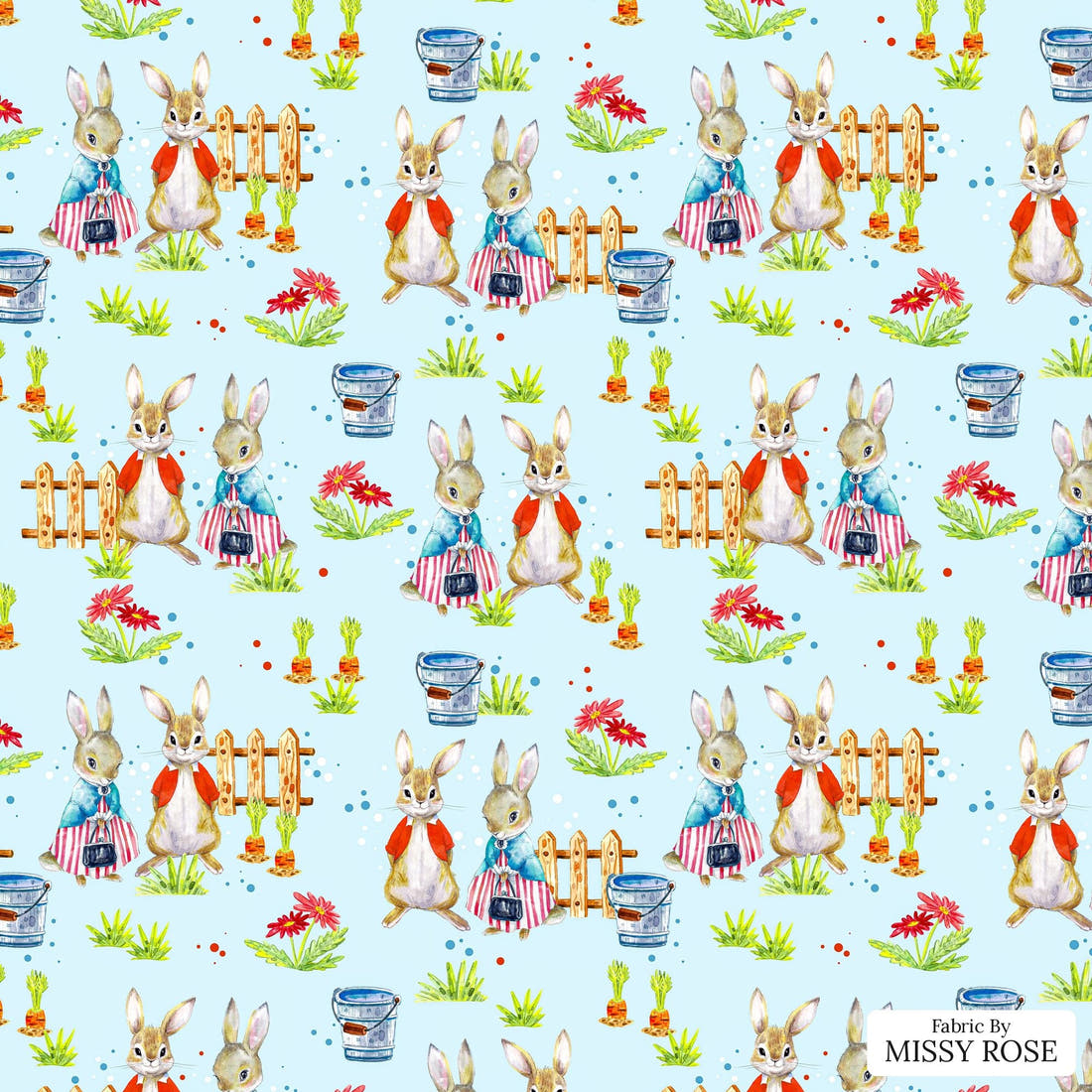 Design 604 Blue Rabbit Fabric - flat view of the print, zoom in for detail | Fabric by Missy Rose