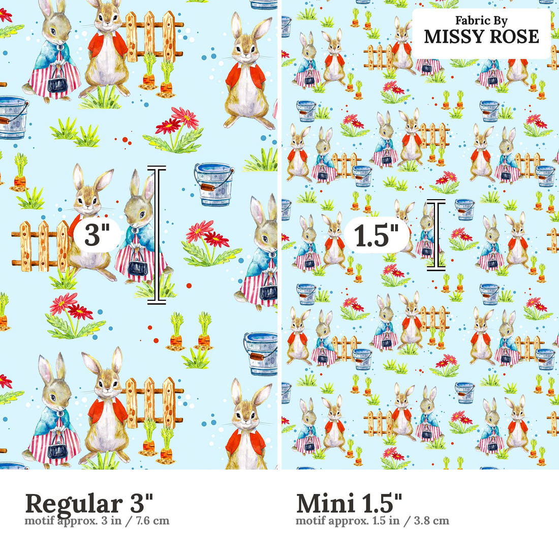 Design 604 Blue Rabbit Fabric size comparison - print scale | Fabric by Missy Rose
