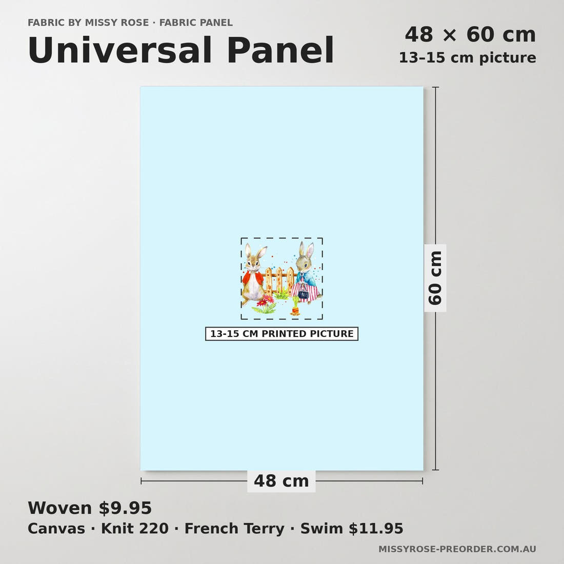 Design 604 Blue Rabbit Panel universal panel sizing – 13–15 cm printed picture on 48 × 60 cm fabric | Fabric by Missy Rose