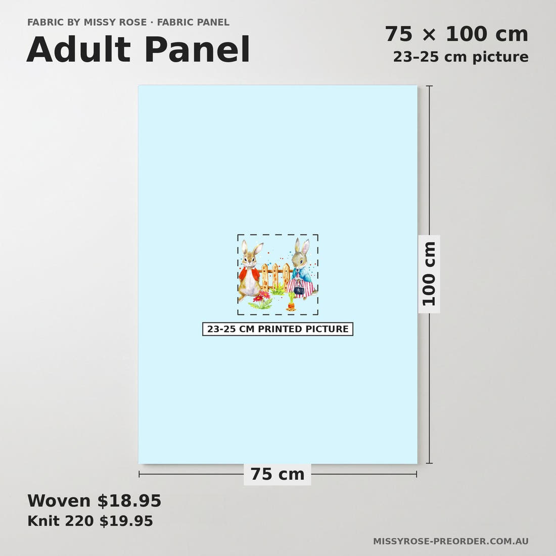 Design 604 Blue Rabbit Panel adult panel sizing – 23–25 cm printed picture on 75 × 100 cm fabric | Fabric by Missy Rose