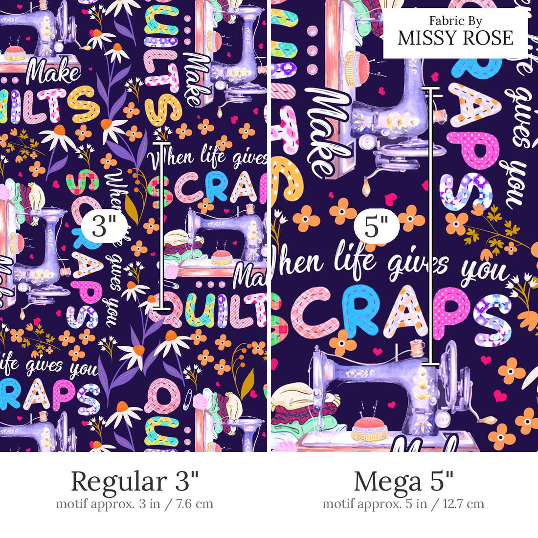 Design 605 Quilting Fabric Regular 3 inch vs Mega 5 inch print scale side by side | Fabric by Missy Rose