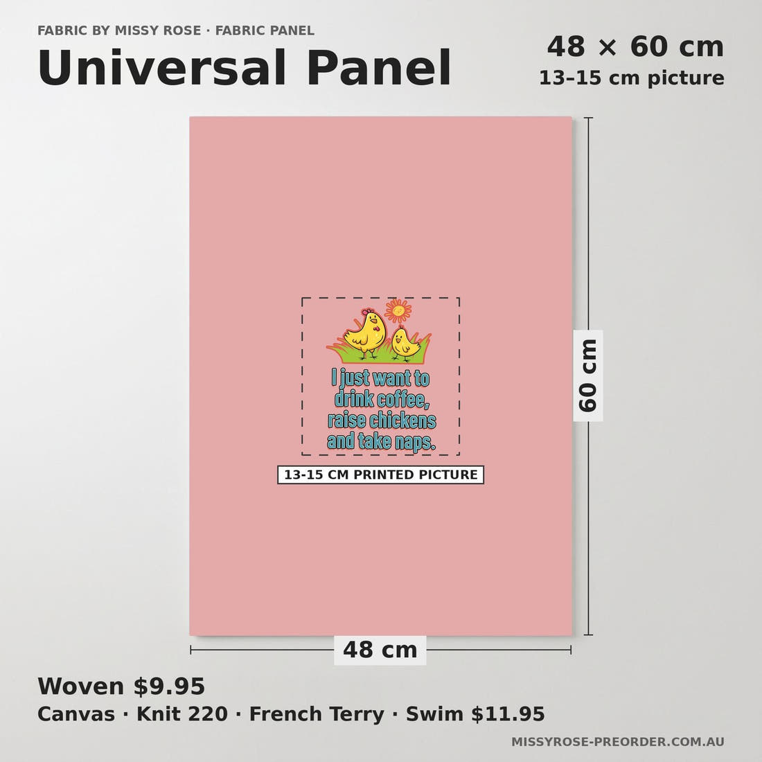 Design 606 Raise Chicken Panel universal panel sizing – 13–15 cm printed picture on 48 × 60 cm fabric | Fabric by Missy Rose