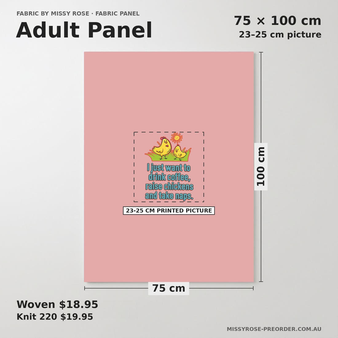 Design 606 Raise Chicken Panel adult panel sizing – 23–25 cm printed picture on 75 × 100 cm fabric | Fabric by Missy Rose
