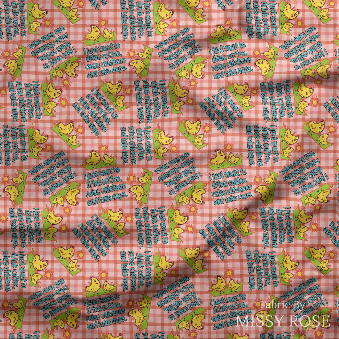 Design 606 Raise Chicken Fabric draped fabric mockup – custom printed fabric by the metre | Fabric by Missy Rose