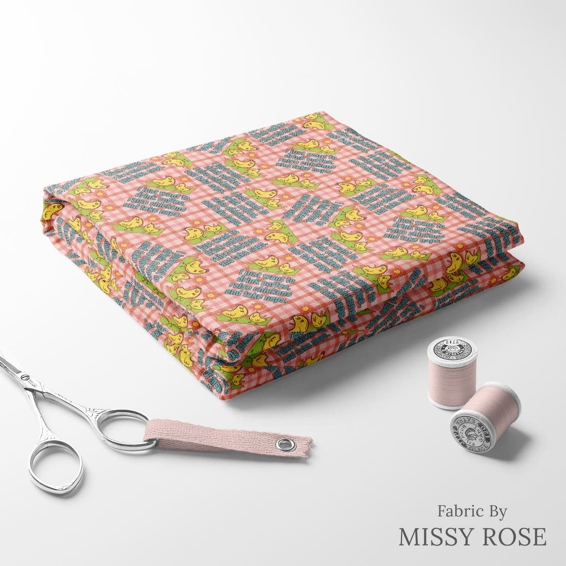 Design 606 Raise Chicken Fabric folded fabric stack with matching thread – pre-order fabric Australia | Fabric by Missy Rose