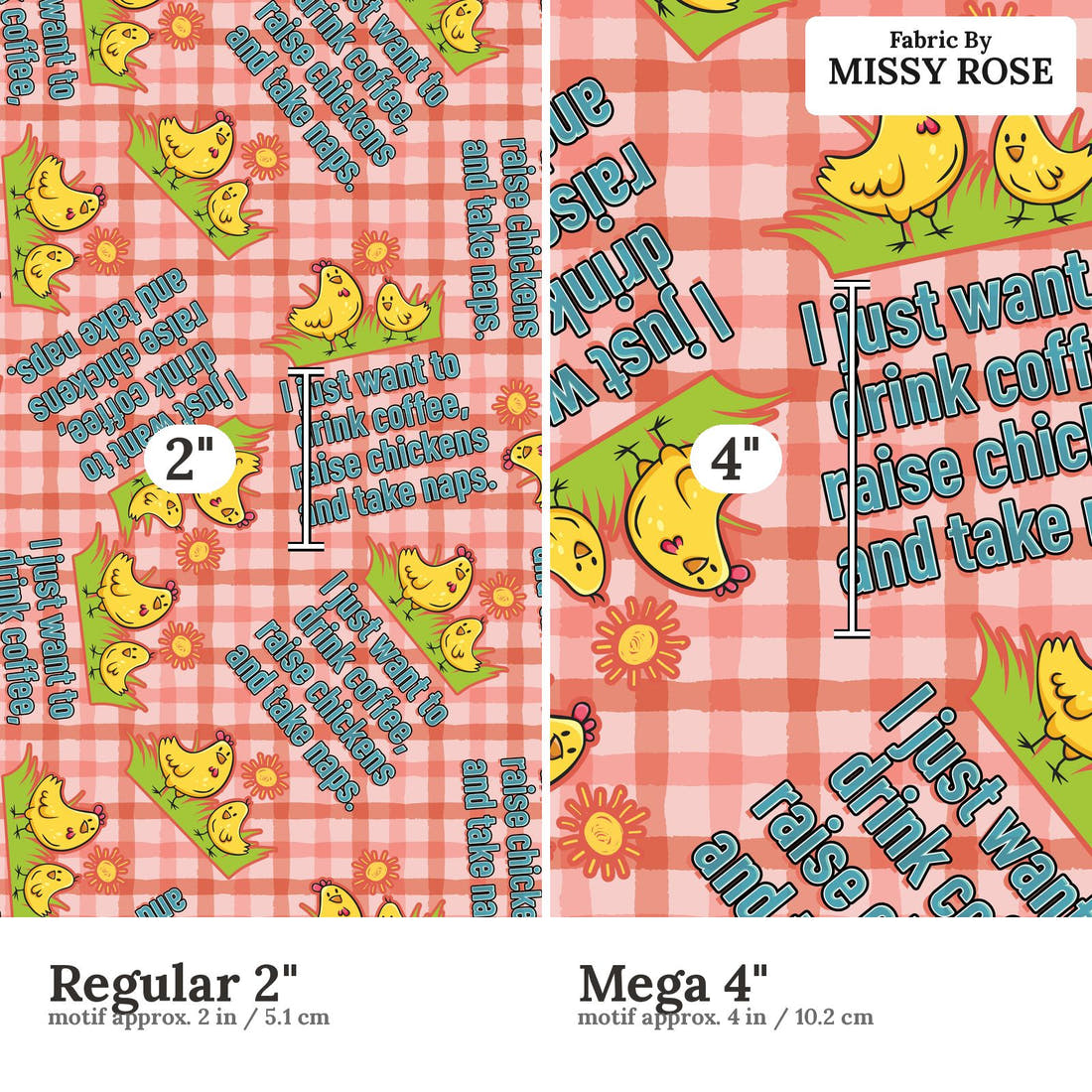 Design 606 Raise Chicken Fabric size comparison - print scale | Fabric by Missy Rose
