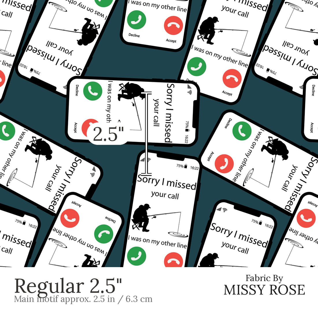 Design 607 Missed Call Fabric Regular 2.5 inch print scale guide | Fabric by Missy Rose