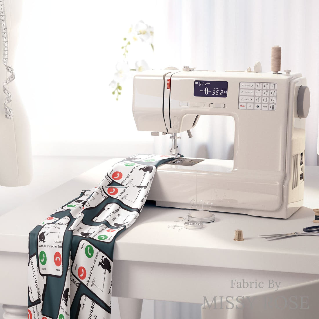 Design 607 Missed Call Fabric on a sewing machine – premium fabric for sewing projects | Fabric by Missy Rose