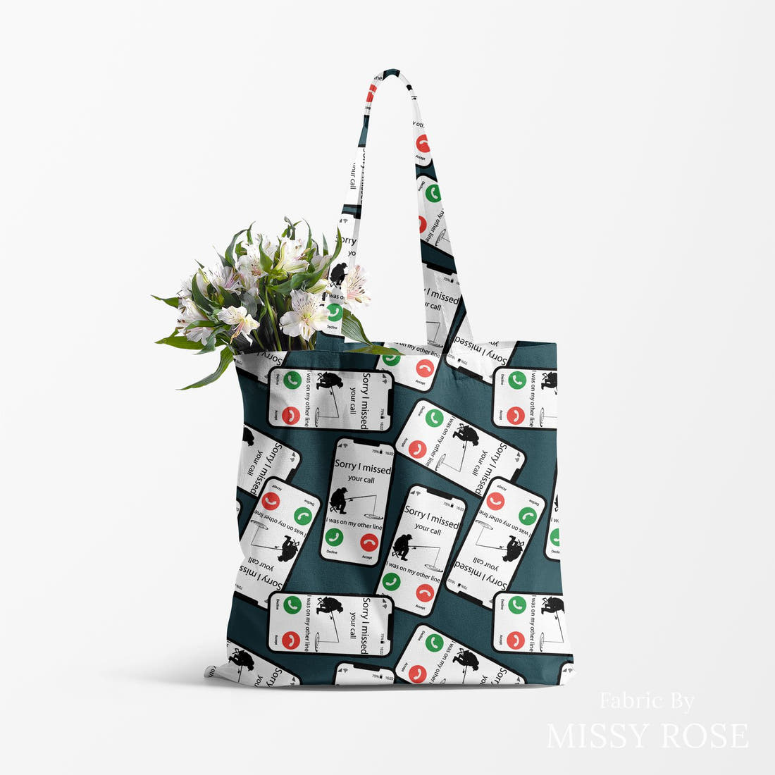 Design 607 Missed Call Fabric made up as a tote bag – see how the print looks made up | Fabric by Missy Rose