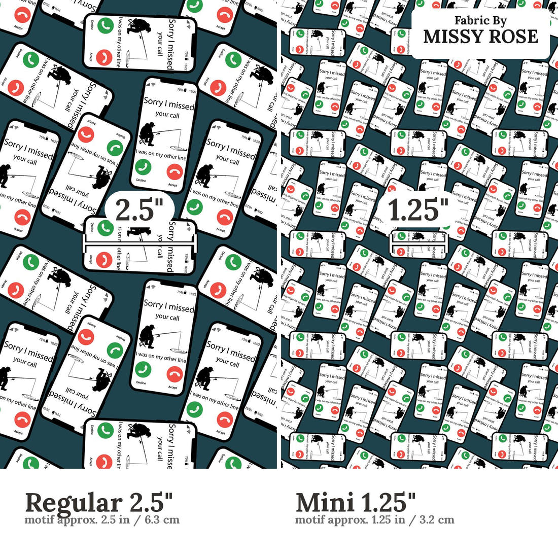 Design 607 Missed Call Fabric size comparison - print scale | Fabric by Missy Rose