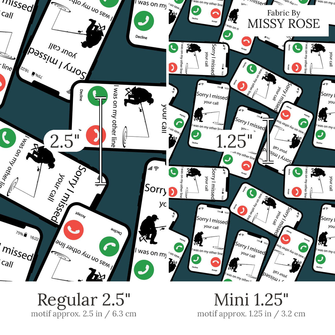 Design 607 Missed Call Fabric Regular 2.5 inch vs Mini 1.25 inch print scale side by side | Fabric by Missy Rose