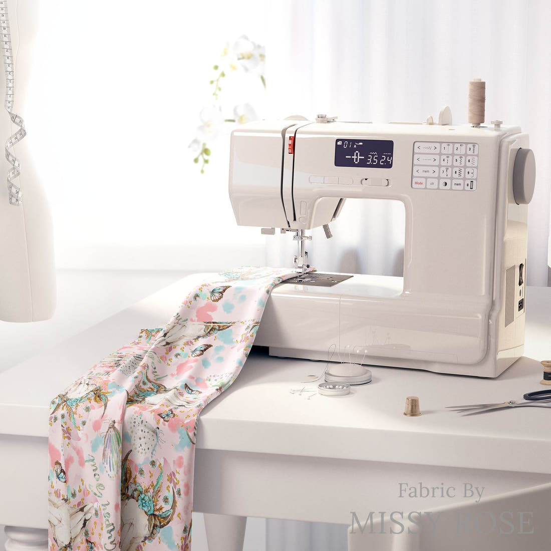 Design 608 Gypsy Soul Fabric on a sewing machine – premium fabric for sewing projects | Fabric by Missy Rose
