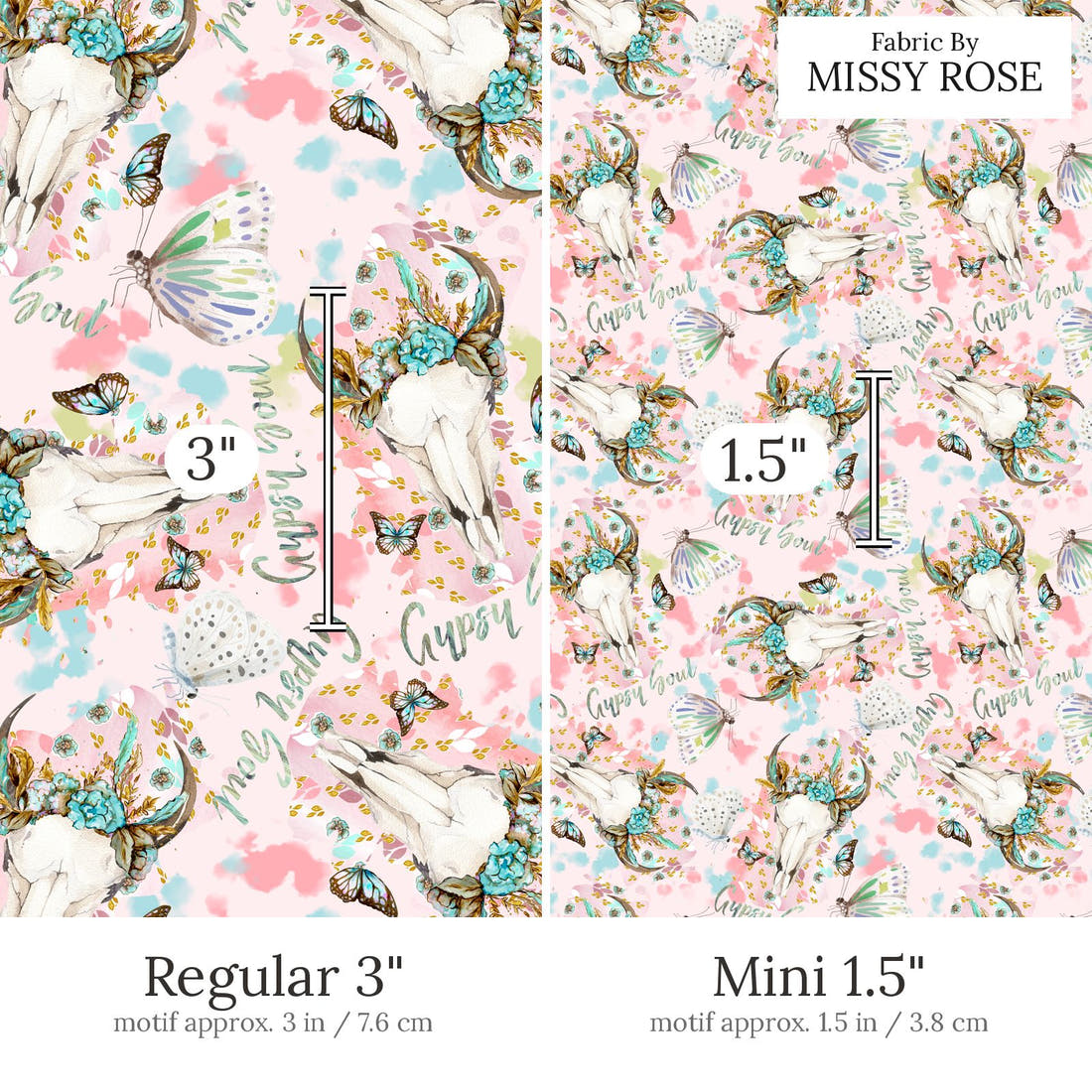 Design 608 Gypsy Soul Fabric Regular 3 inch vs Mini 1.5 inch print scale side by side | Fabric by Missy Rose