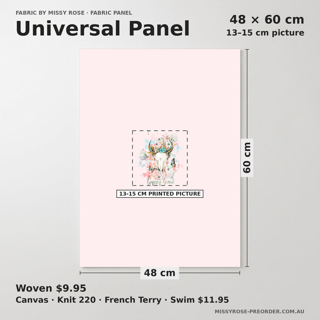 Design 608 Gypsy Soul Panel universal panel sizing – 13–15 cm printed picture on 48 × 60 cm fabric | Fabric by Missy Rose