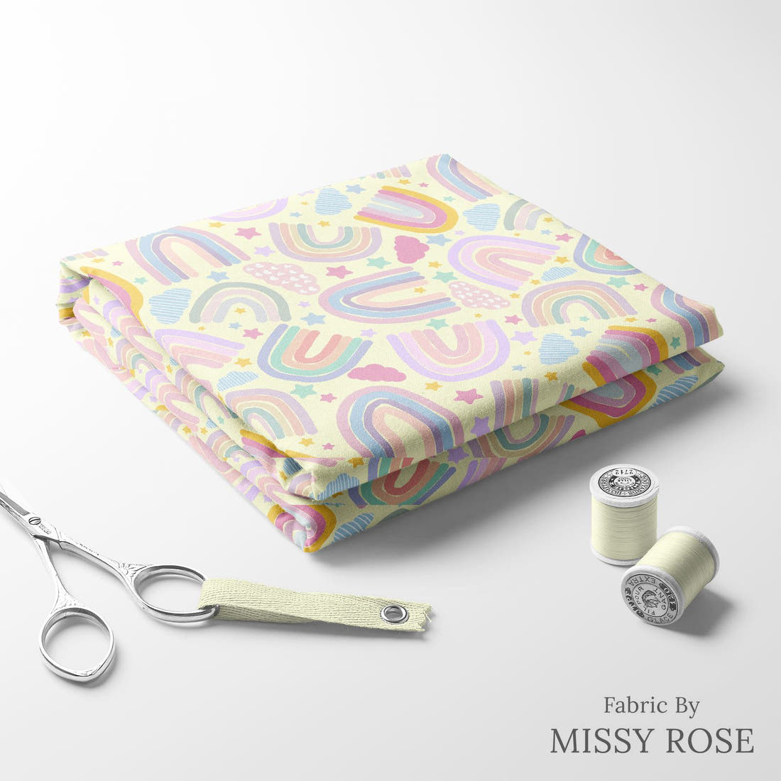 Design 609 Pastel Rainbow Fabric folded fabric stack with matching thread – pre-order fabric Australia | Fabric by Missy Rose