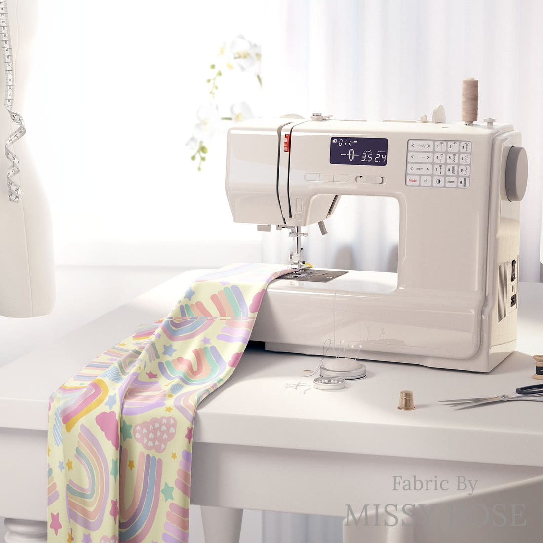 Design 609 Pastel Rainbow Fabric on a sewing machine – premium fabric for sewing projects | Fabric by Missy Rose
