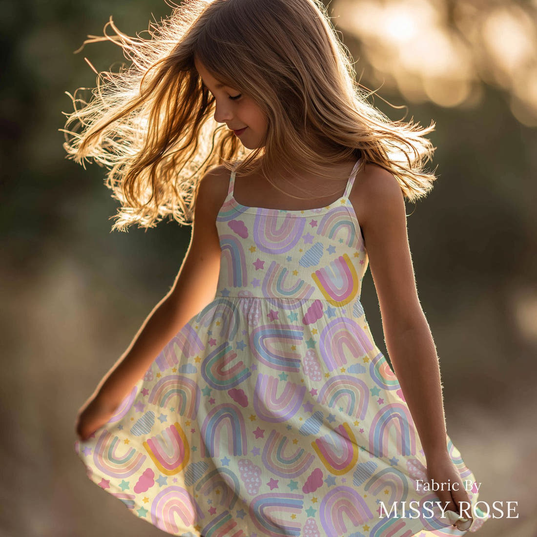 Design 609 Pastel Rainbow Fabric sewn into a girls' dress – see how the print looks made up | Fabric by Missy Rose