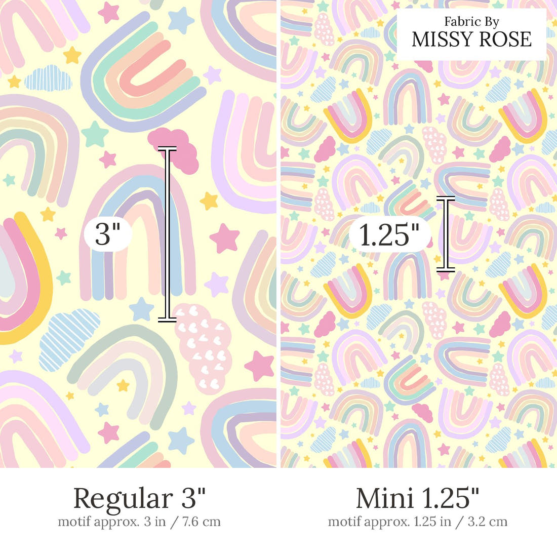 Design 609 Pastel Rainbow Fabric Regular 3 inch vs Mini 1.25 inch print scale side by side | Fabric by Missy Rose