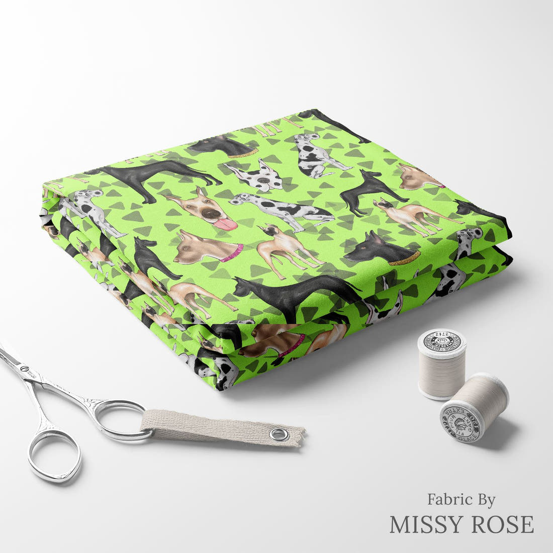 Design 61 Great Dane Fabric folded fabric stack with matching thread – pre-order fabric Australia | Fabric by Missy Rose