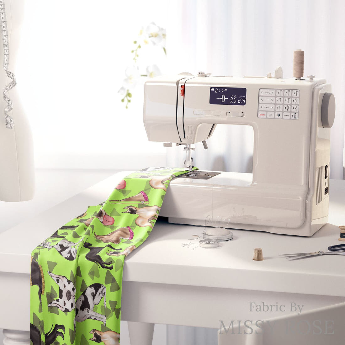 Design 61 Great Dane Fabric on a sewing machine – premium fabric for sewing projects | Fabric by Missy Rose