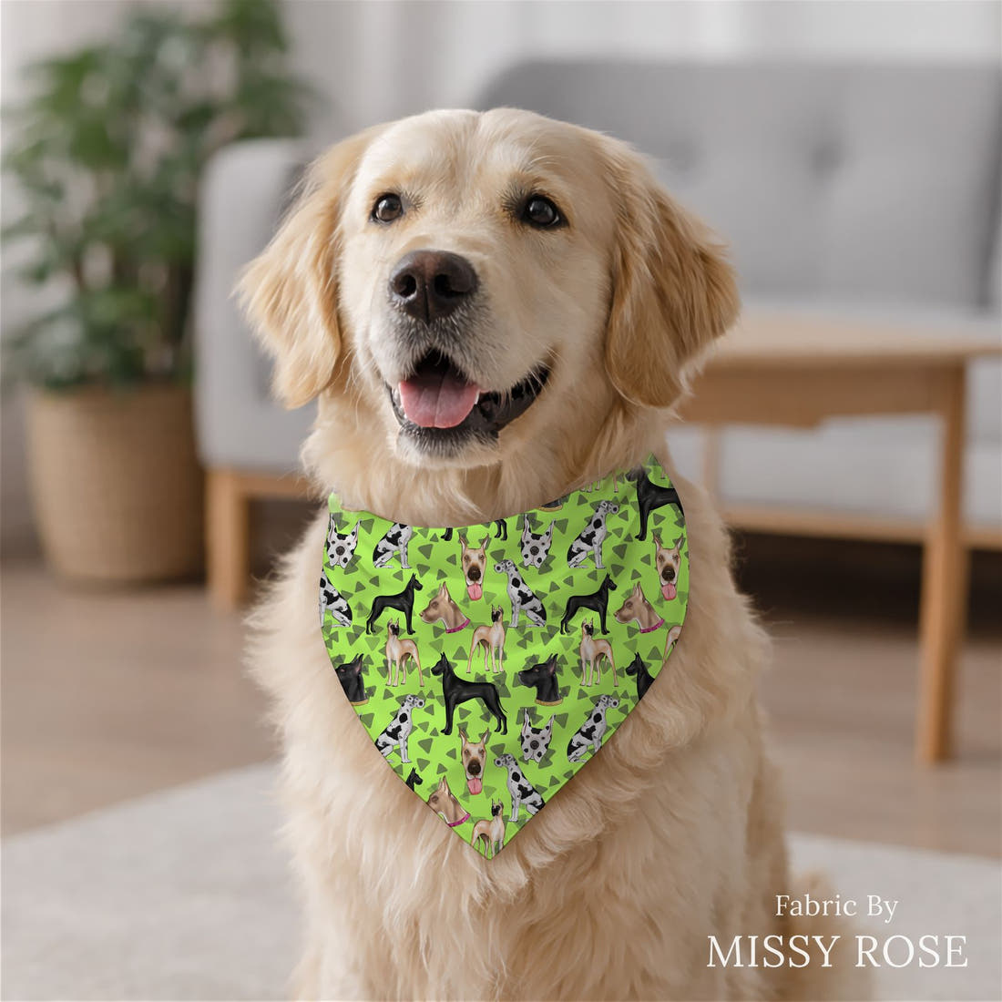 Design 61 Great Dane Fabric sewn into a dog bandana – see how the print looks made up | Fabric by Missy Rose