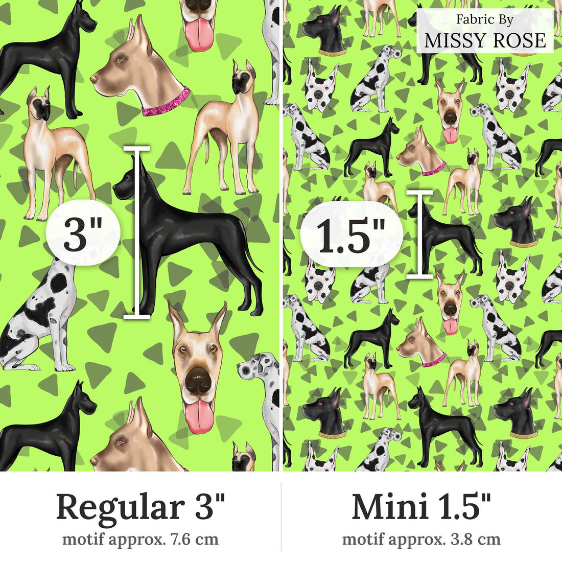 Design 61 Great Dane Fabric Regular 3 inch vs Mini 1.5 inch print scale side by side | Fabric by Missy Rose