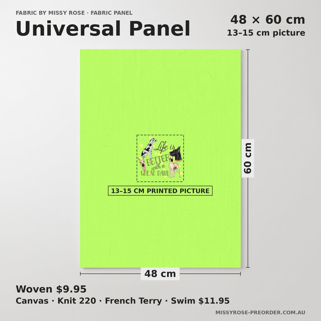 Design 61 Great Dane Panel universal panel sizing – 13–15 cm printed picture on 48 × 60 cm fabric | Fabric by Missy Rose
