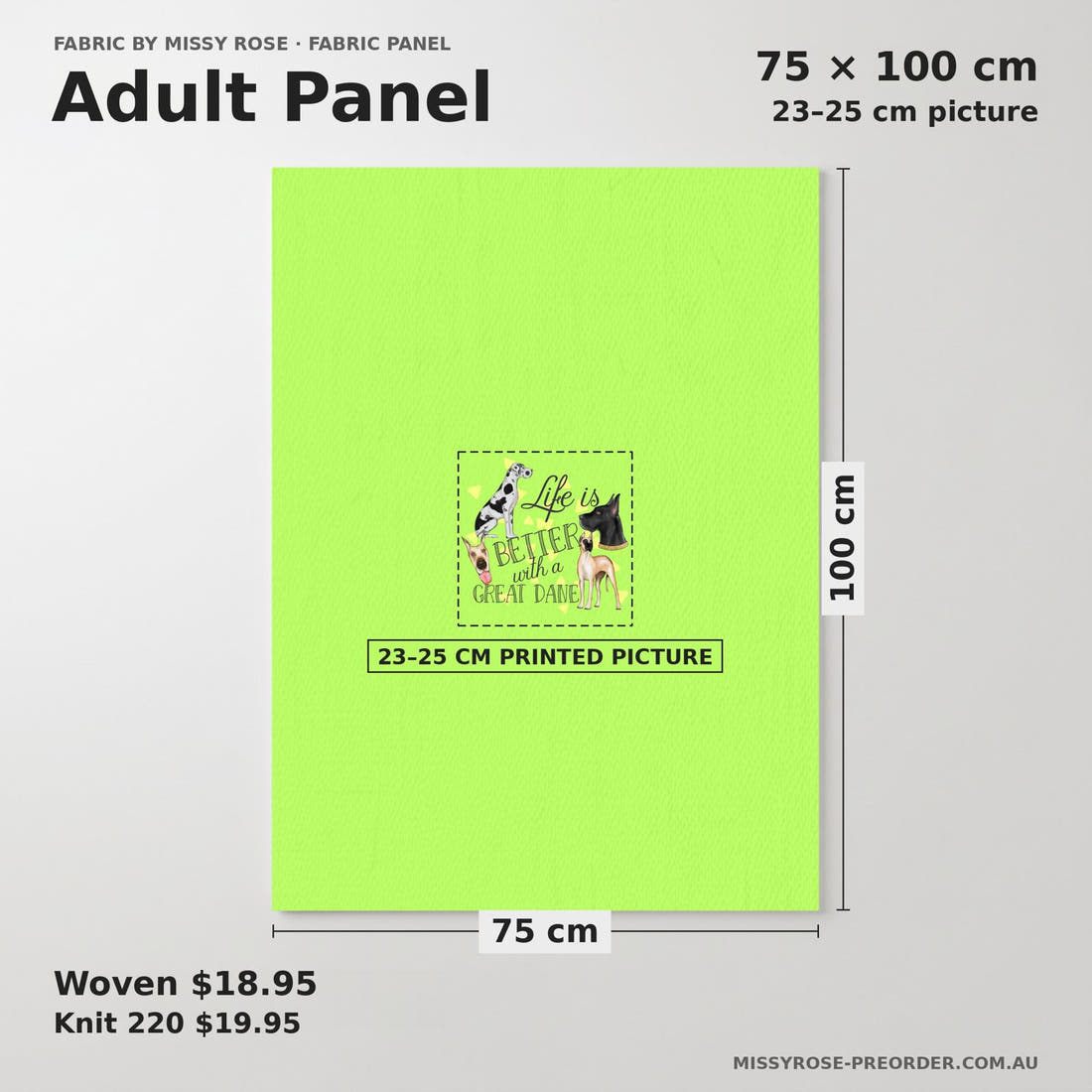 Design 61 Great Dane Panel adult panel sizing – 23–25 cm printed picture on 75 × 100 cm fabric | Fabric by Missy Rose
