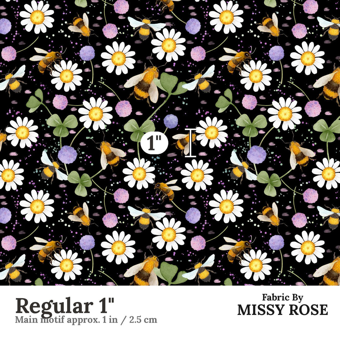 Design 610 Black Bee Fabric Regular 1" - print scale | Fabric by Missy Rose